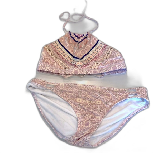 Athleta Aqualuxe Bikini Purple and Cream Halter Top Low Rise Bottoms Small Med - Picture 4 of 7